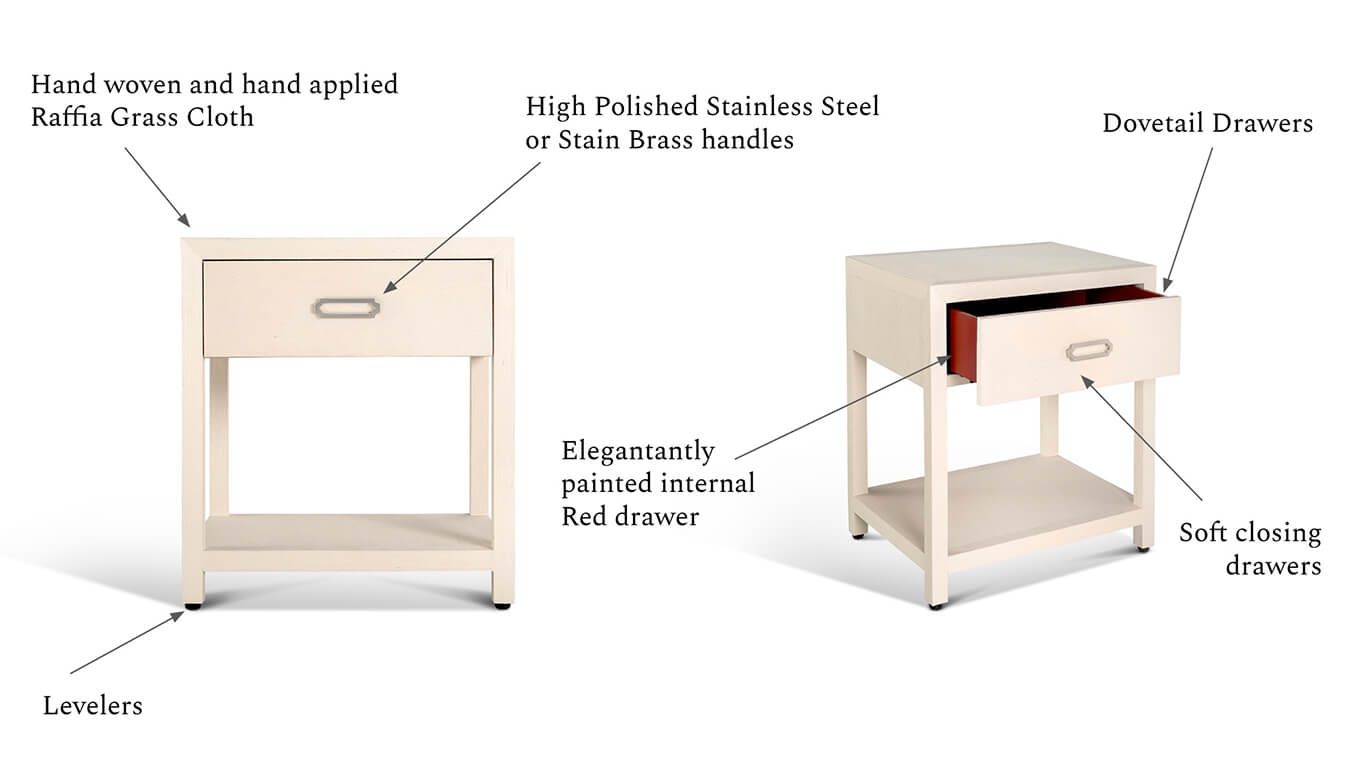 raffia nightstand diagram shows features & benefits of product 