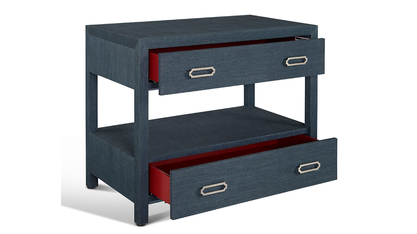 raffia two drawer nightstand in blue indigo colour side view 2 drawers open