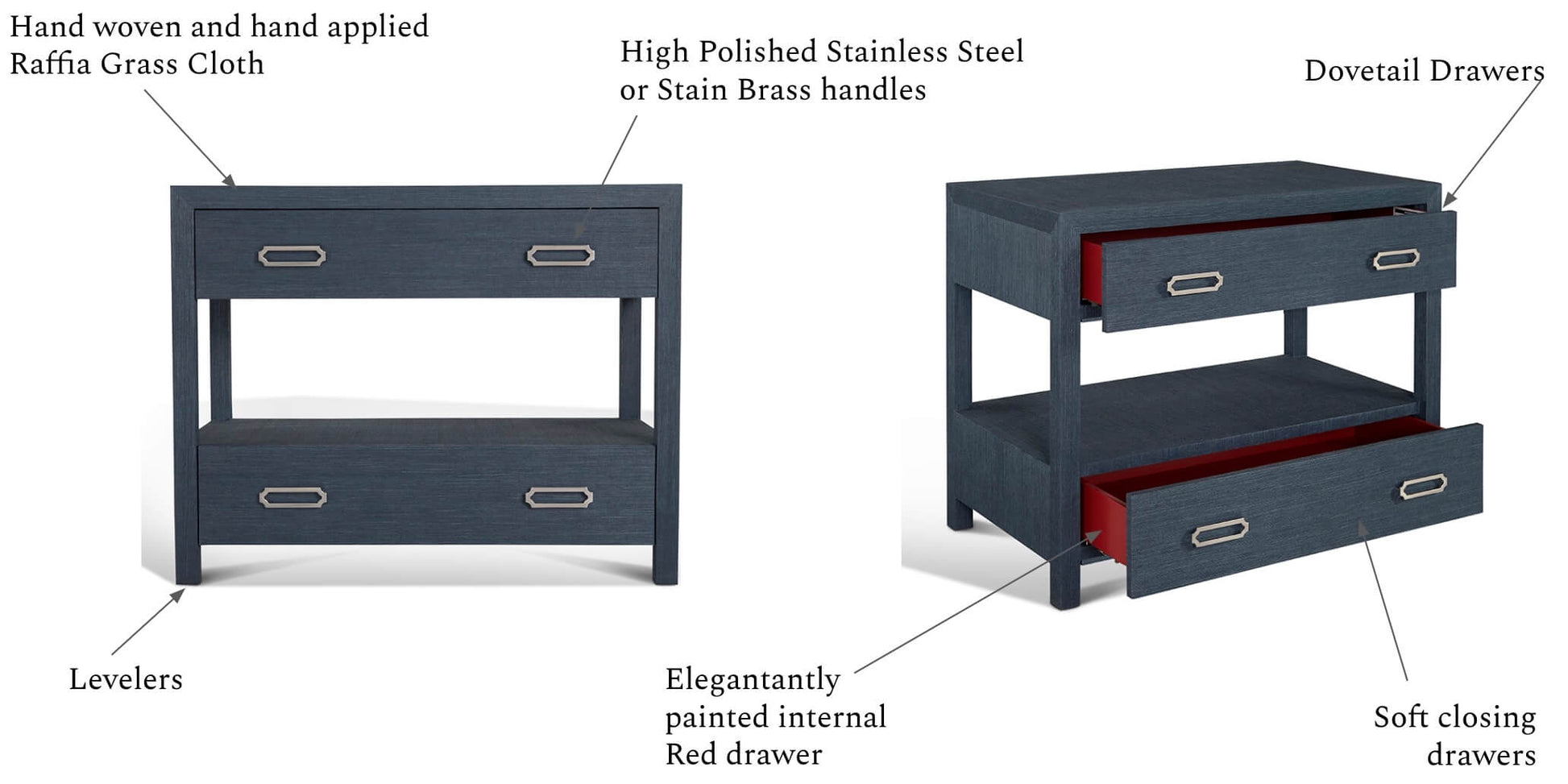 raffia nightstand diagram shows features & benefits of product