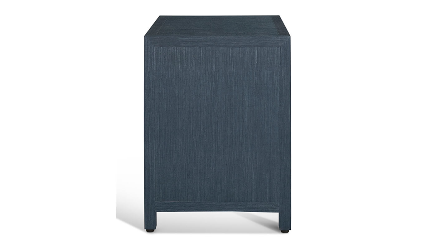 3 drawer Raffia nightstand in indigo blue colour side view