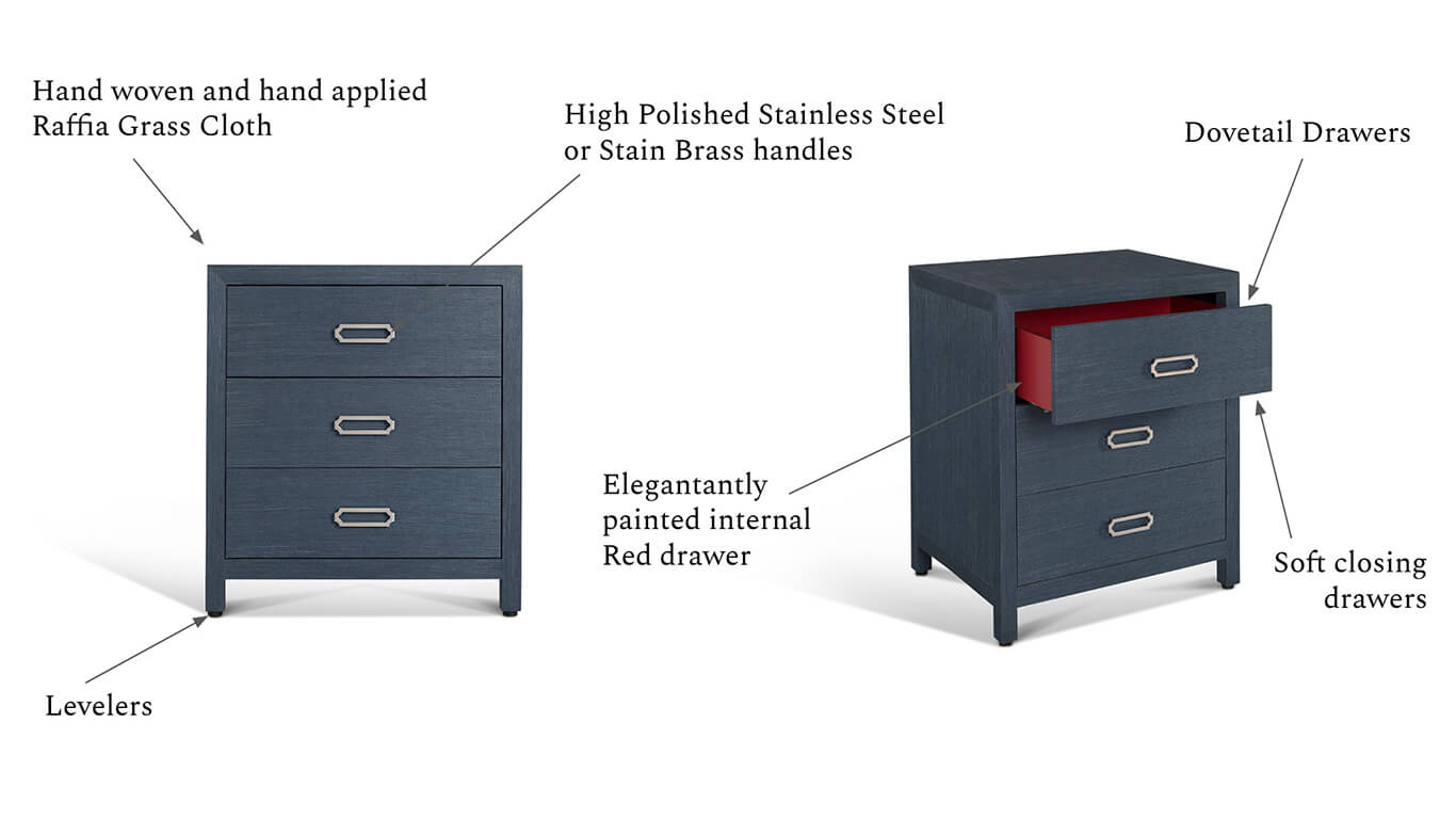 3 drawer Raffia nightstand in indigo blue diagram of features and benifits