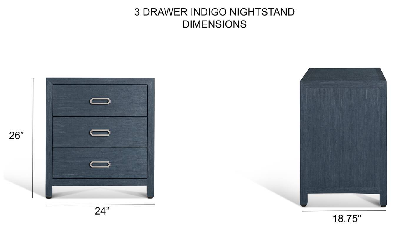 3 drawer Raffia nightstand in indigo blue colour size diagram