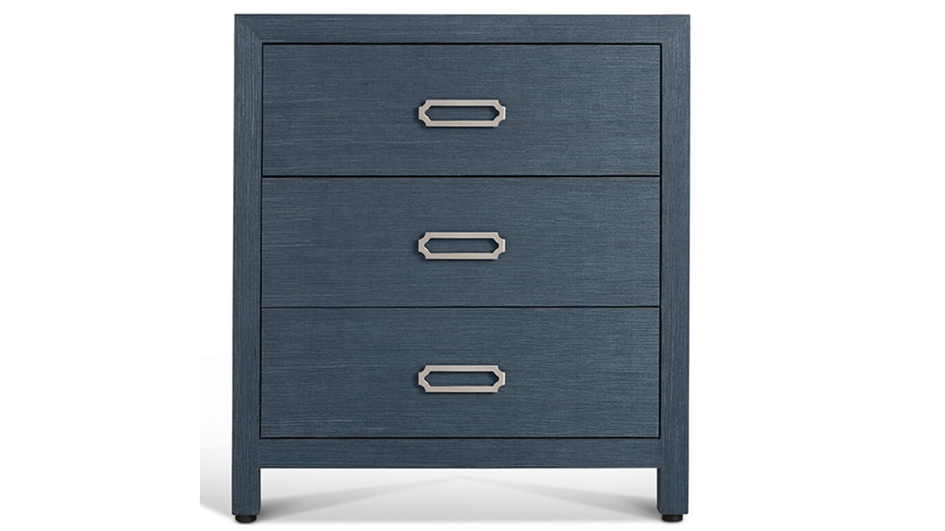 3 drawer Raffia nightstand in indigo blue colour front view