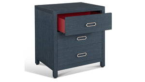 3 drawer Raffia nightstand in indigo blue colour with top drawer open