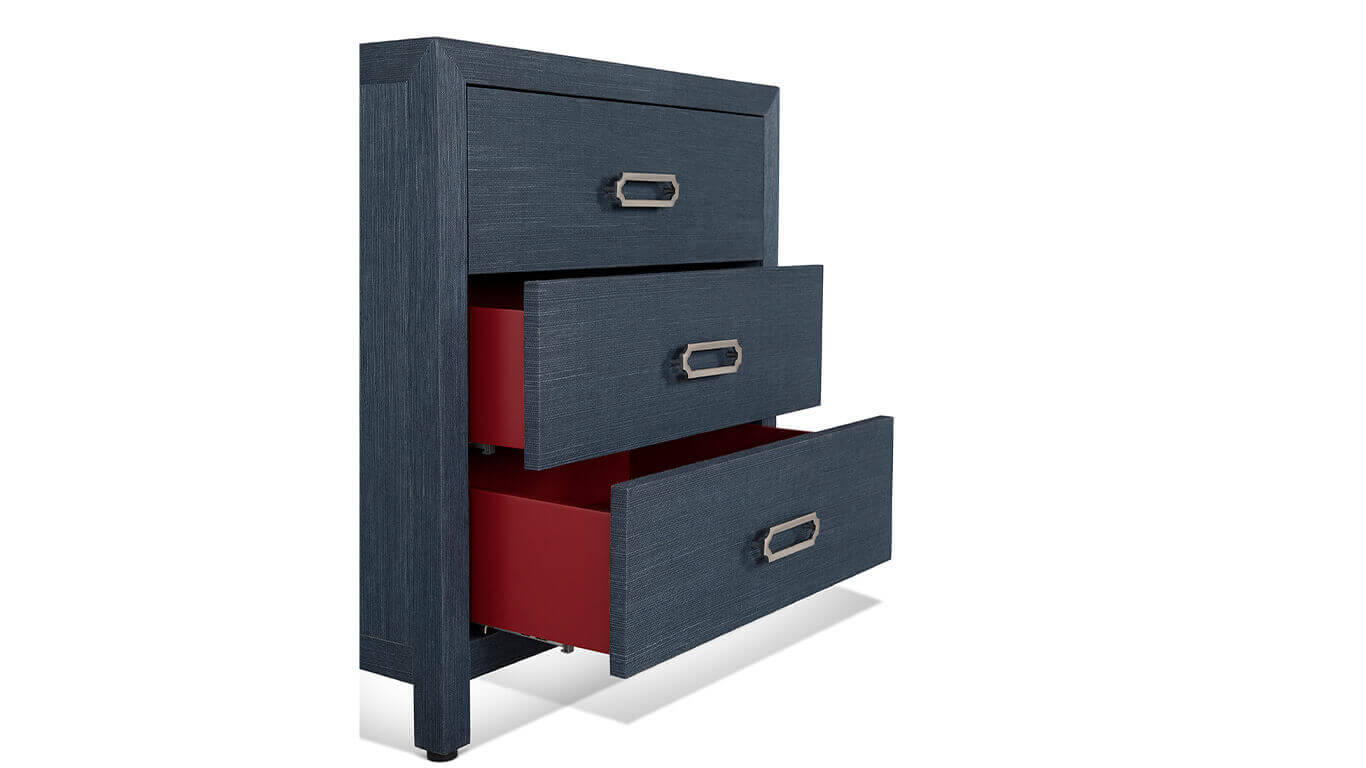 3 drawer Raffia nightstand in indigo blue colour 2 drawers open