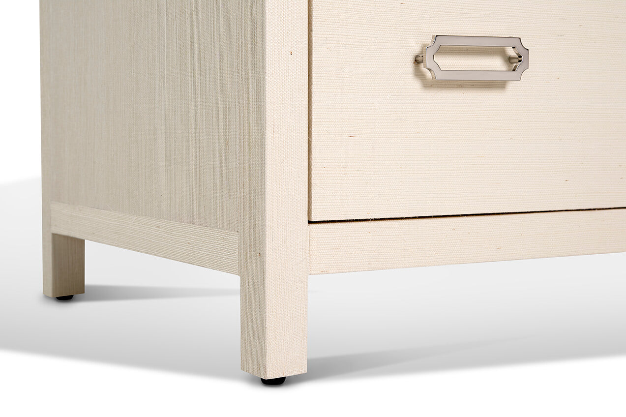 raffia six drawer dresser in natural colour detail of leg and hardware