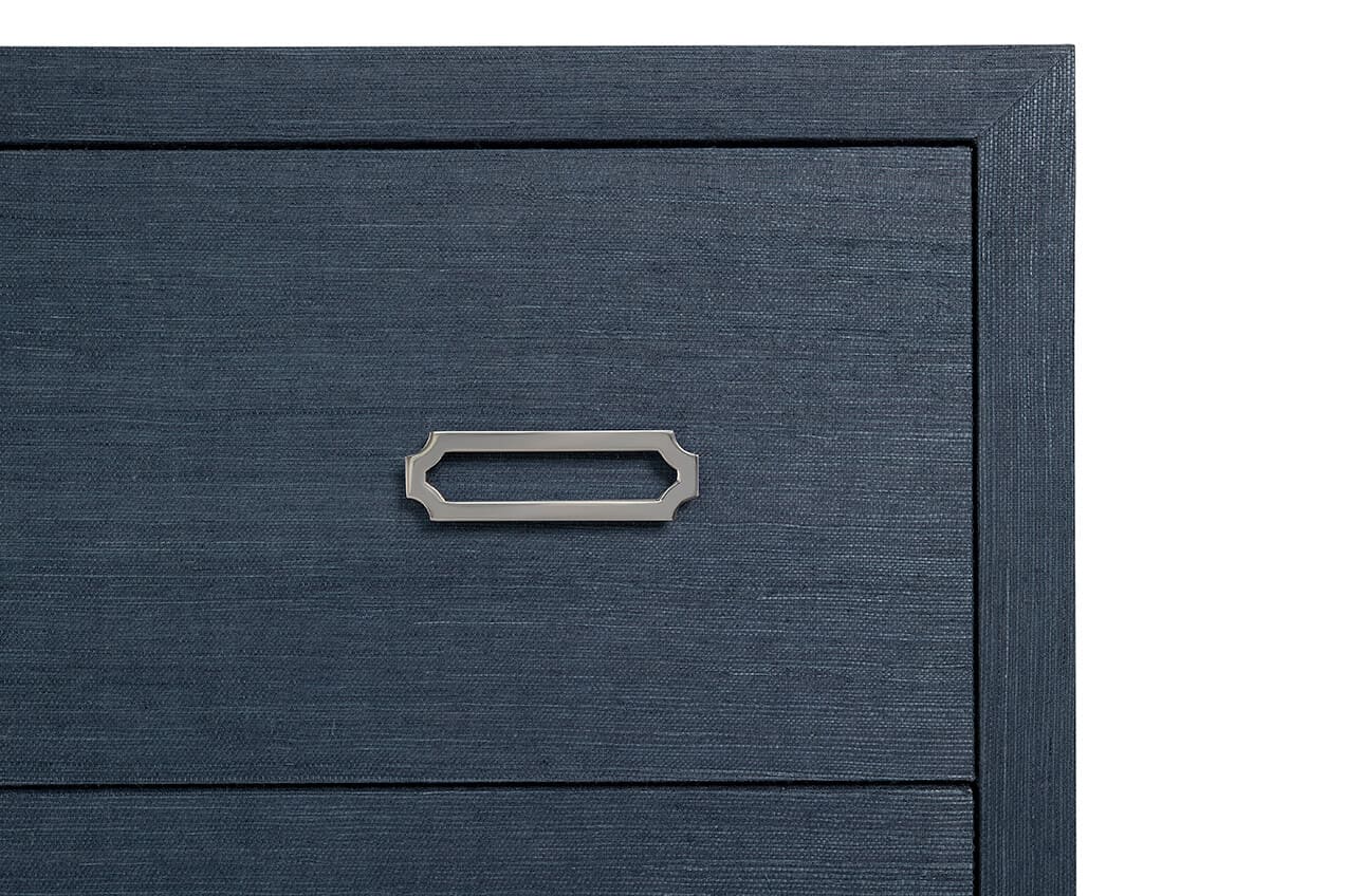 raffia six drawer dresser in blue indigo colour detail of hardware