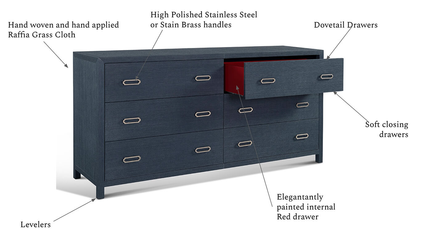 raffia six drawer dresser in blue indigo colour with one drawer open showing features and benefits