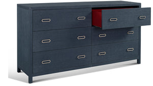 raffia six drawer dresser in blue indigo colour with one drawer open