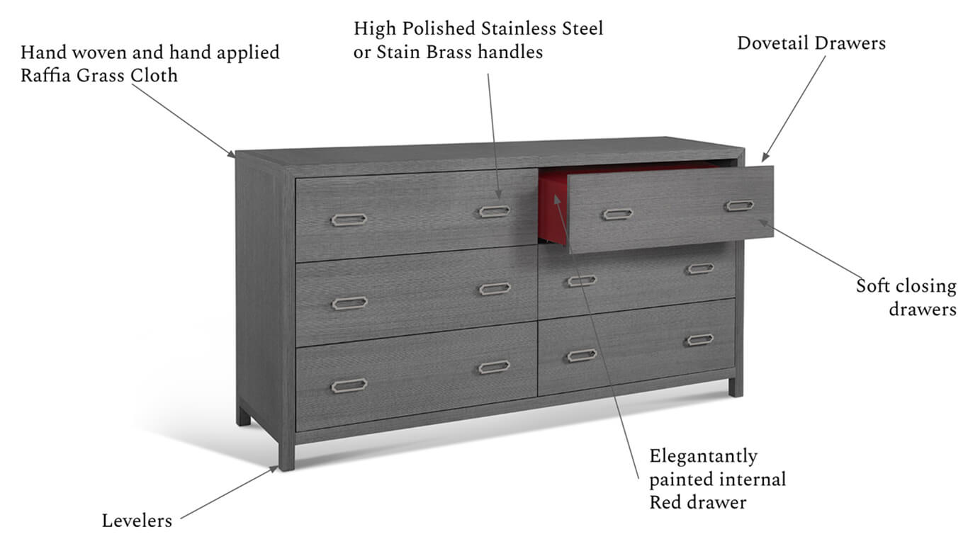 raffia six drawer dresser six drawer raffia dresser in gray colour with one drawer open showing features and benefits