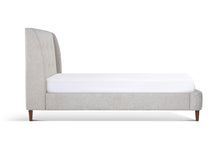 Load image into Gallery viewer, Upholstered Bed in gray color with buttoned headboard side view