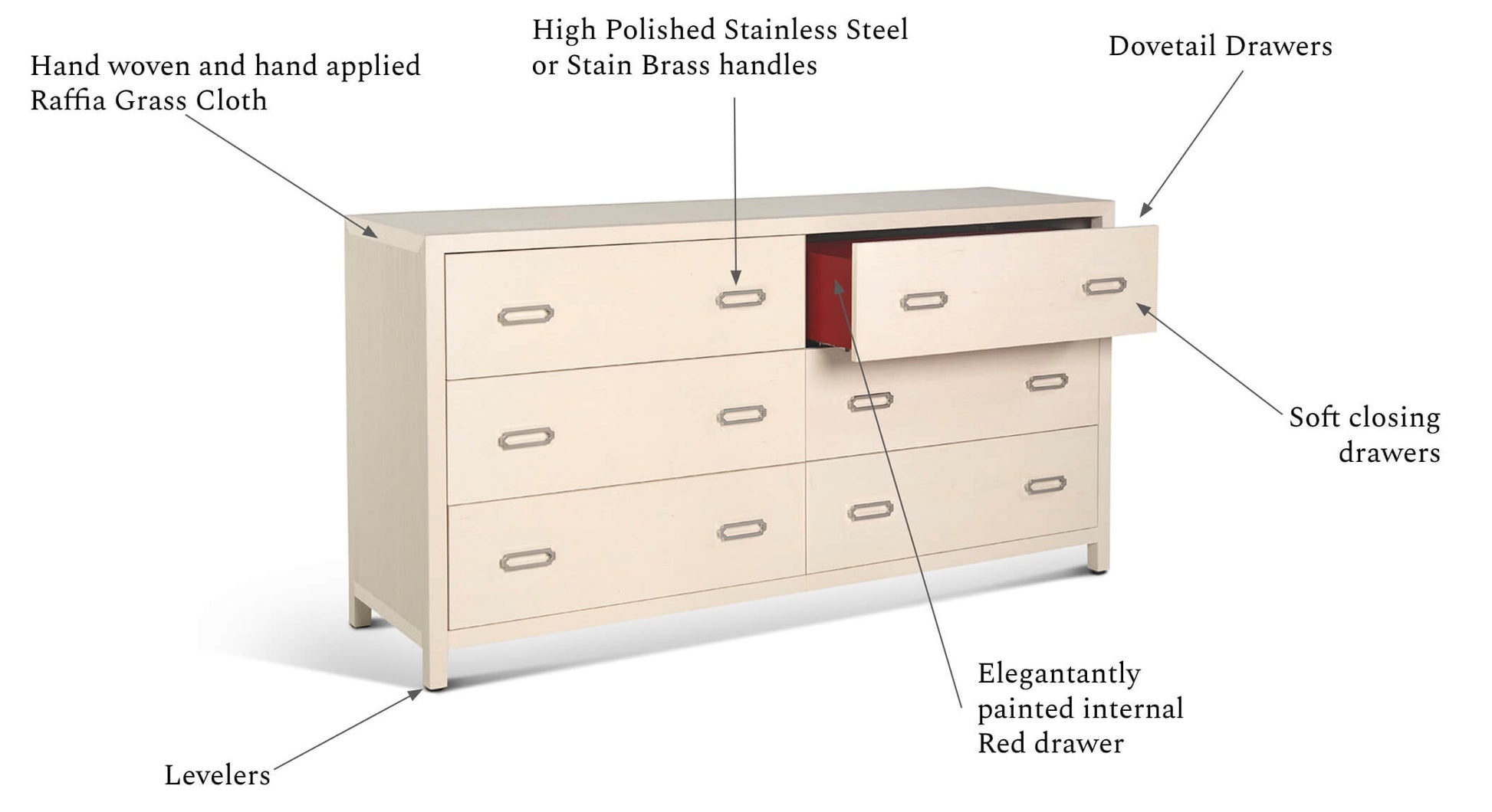 raffia six drawer dresser in 6 drawer raffia dresser in indigo blue colour with one drawer open showing features and benefits