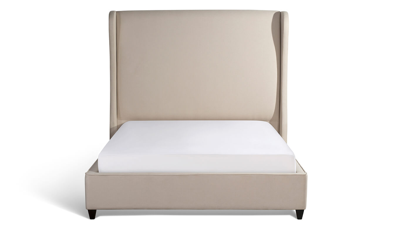 Upholstered Bed in oatmeal color with high headboard top view