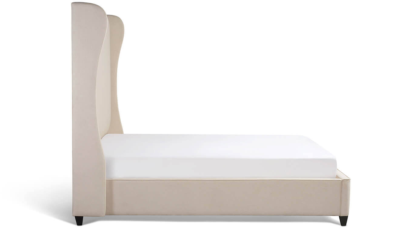 Upholstered Bed in oatmeal color with high headboard side view