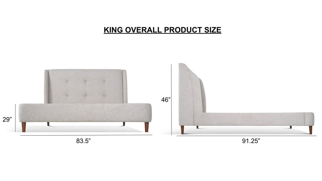 Upholstered Bed in gray color size diagram