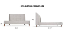 Load image into Gallery viewer, Upholstered Bed in gray color size diagram