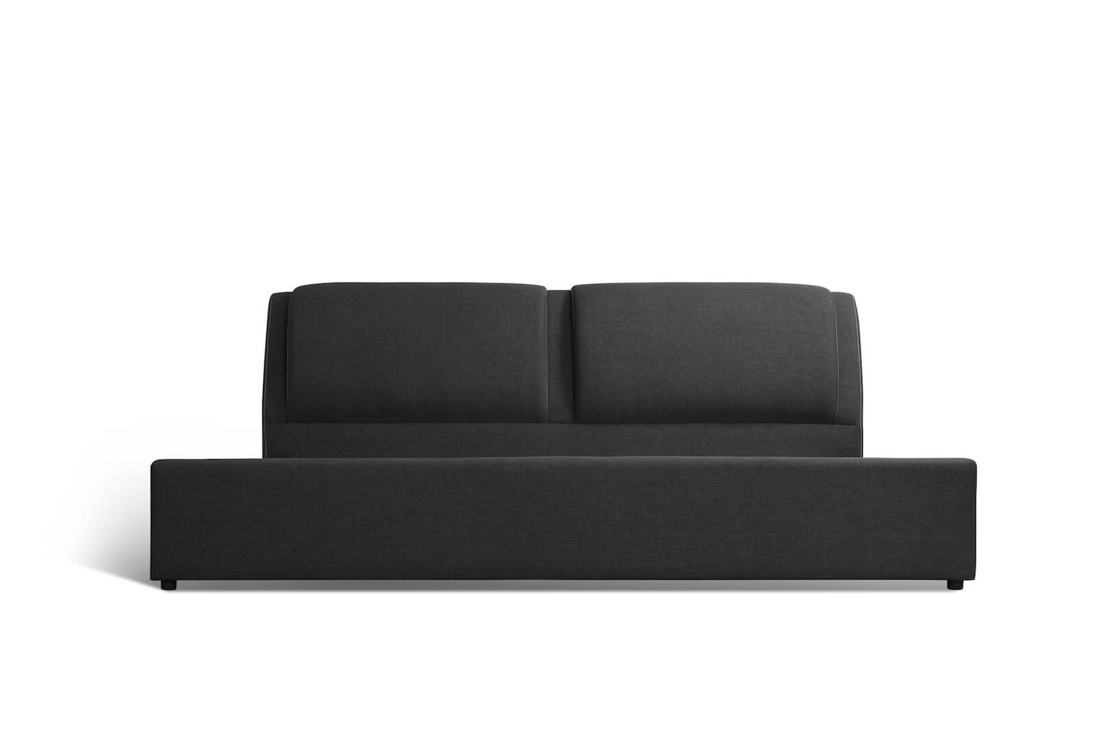 Upholstered Bed in charcoal color with sewn in cushion headboard front view